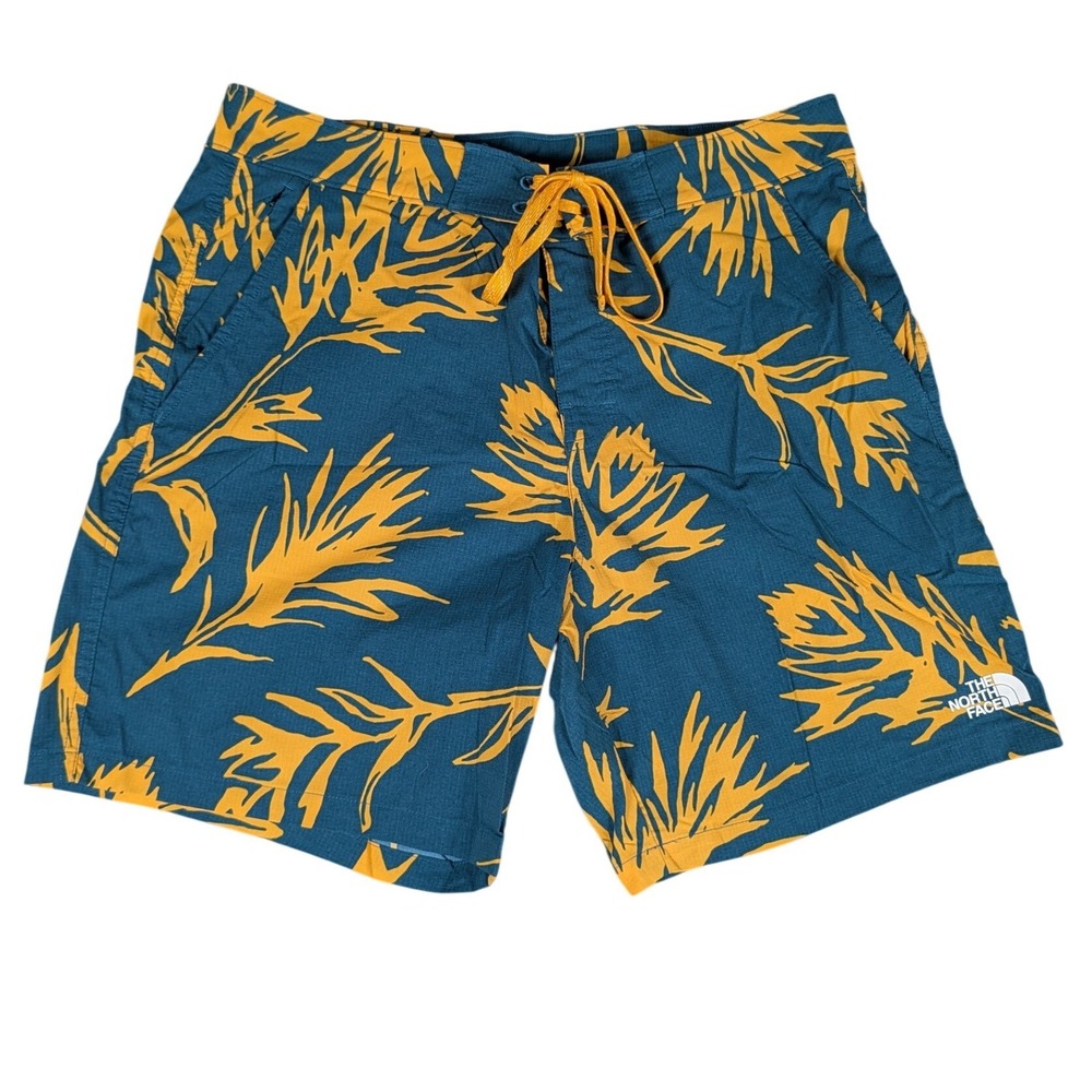The North Face Board Shorts Mens 34 Blue Yellow Tropical Leaf Ripstop Excellent
